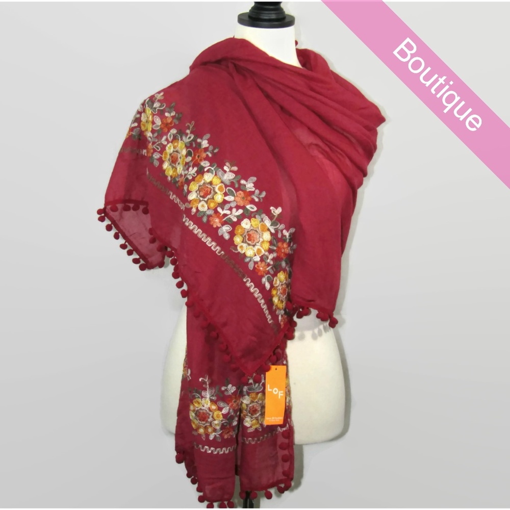 Boho Burgundy Floral Embroidered Pom Pom Scarf